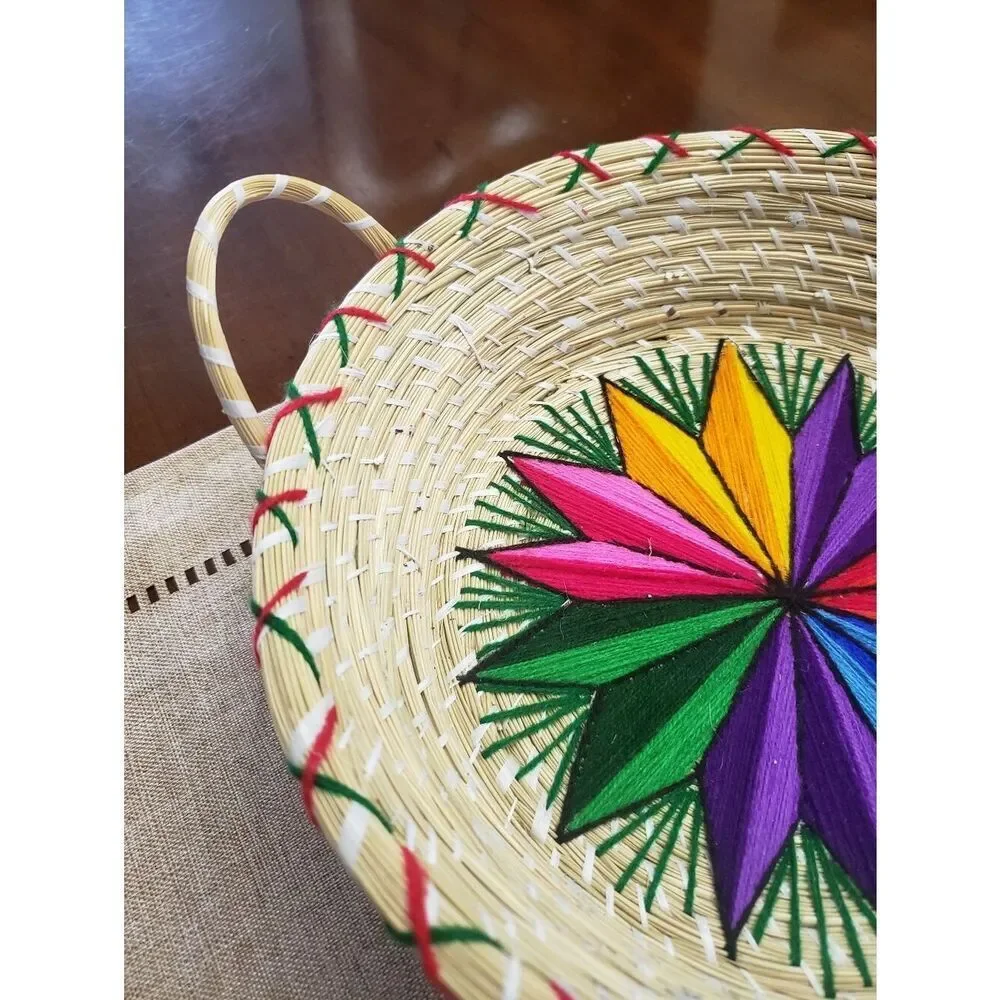 Handwoven Basket With Handles Colorful Embroidered